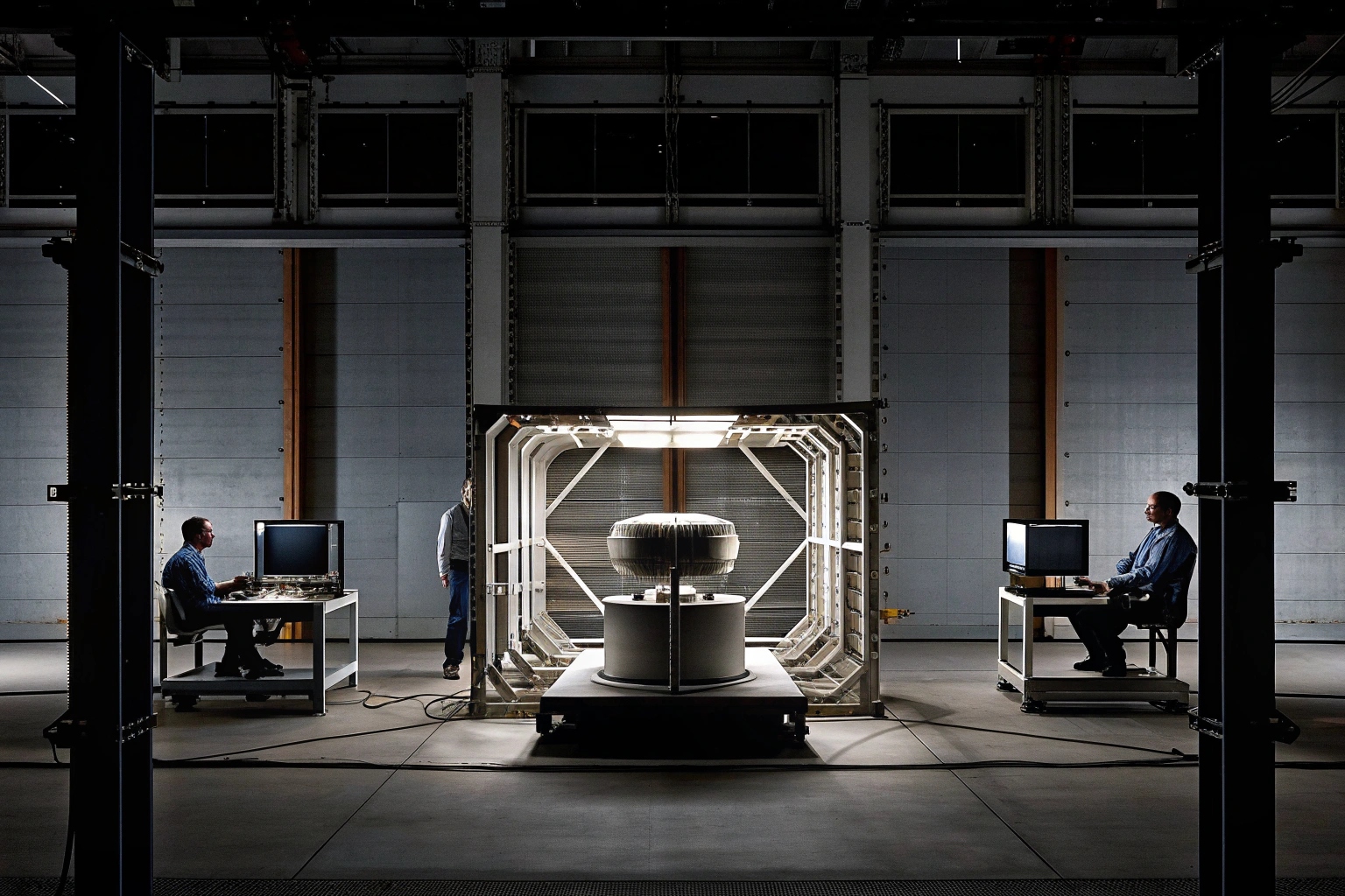 Engineers at computers monitor a large industrial component test in a high-tech laboratory.