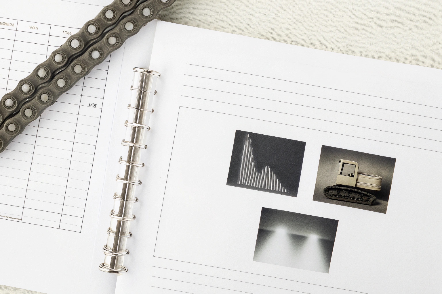 Engineering binder with NDT data charts and machinery component analysis.