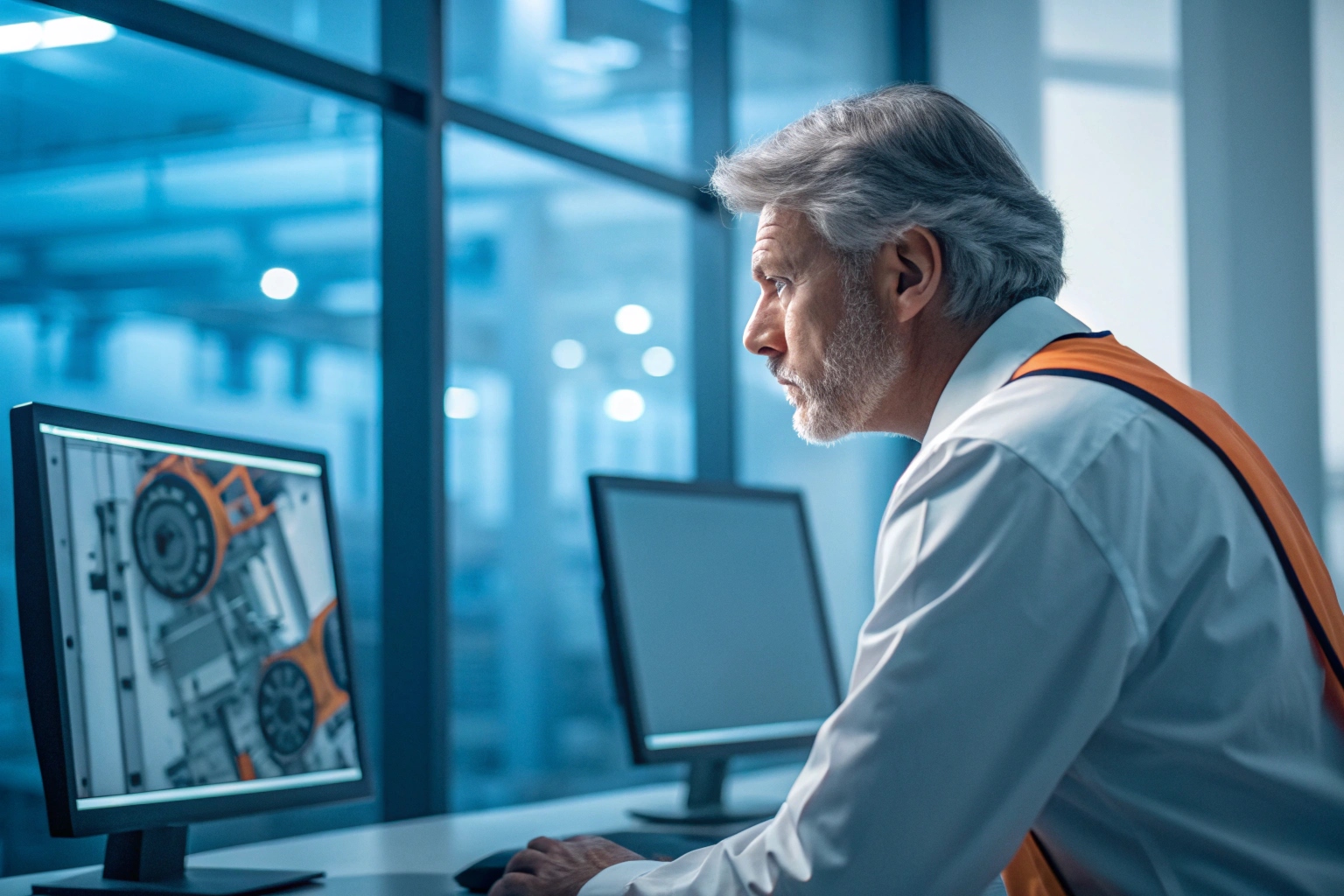Engineer reviewing 3D STEP file of track chain on computer screen
