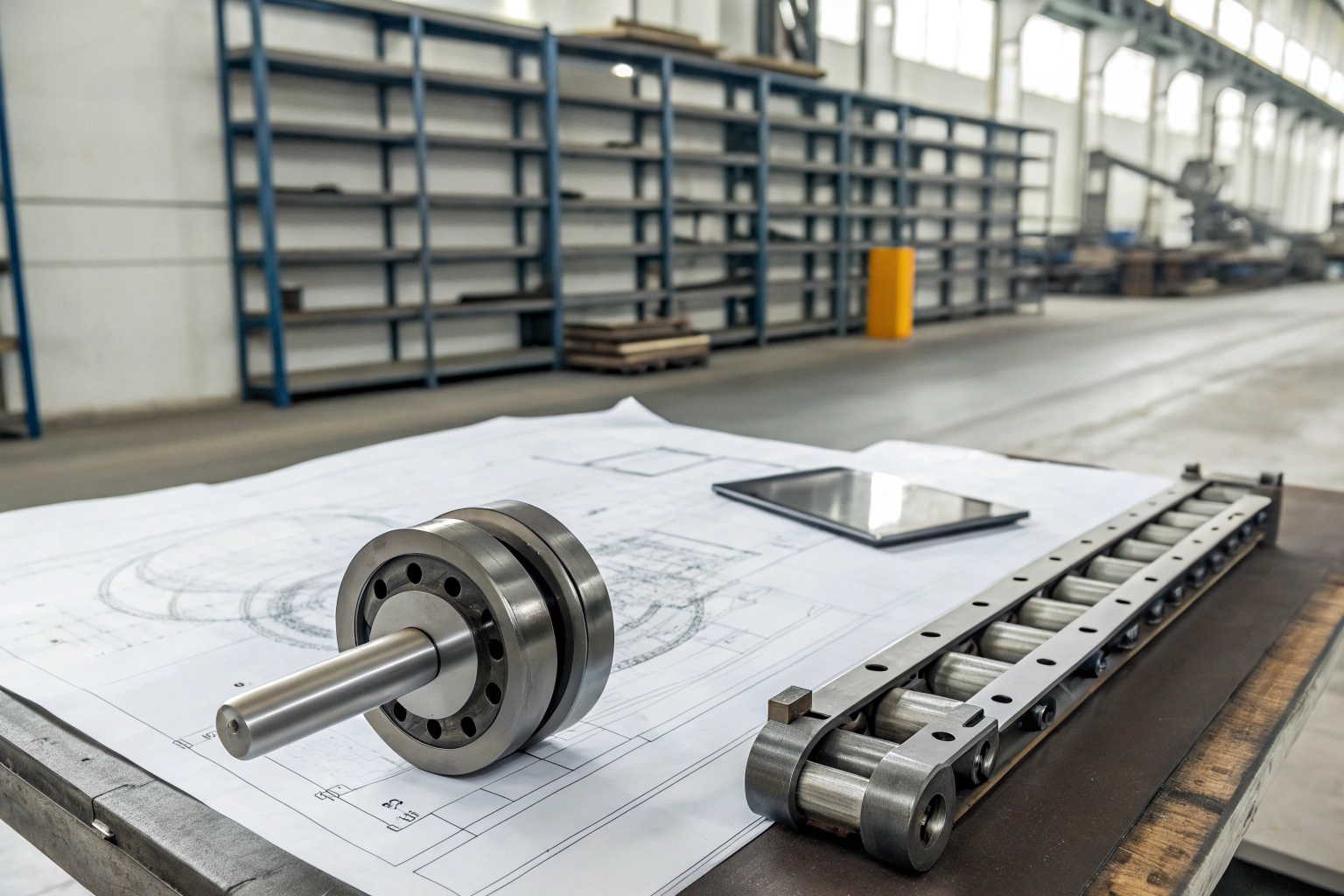 Engineer reviewing 2D drawings of excavator undercarriage parts