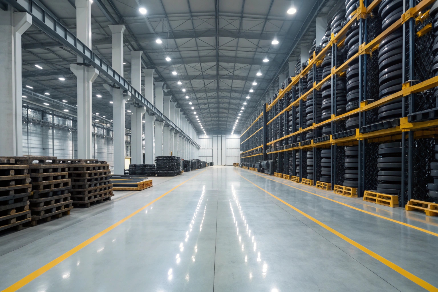 Excavator undercarriage parts stored in a warehouse