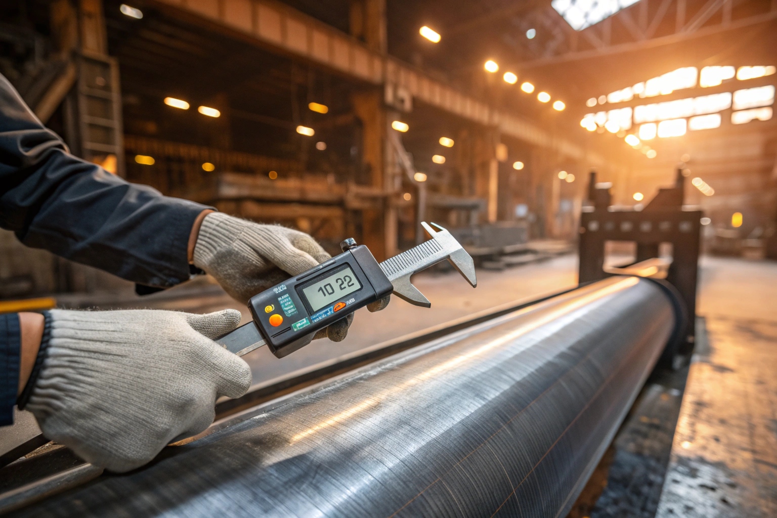 Inspector measuring excavator track roller dimensions