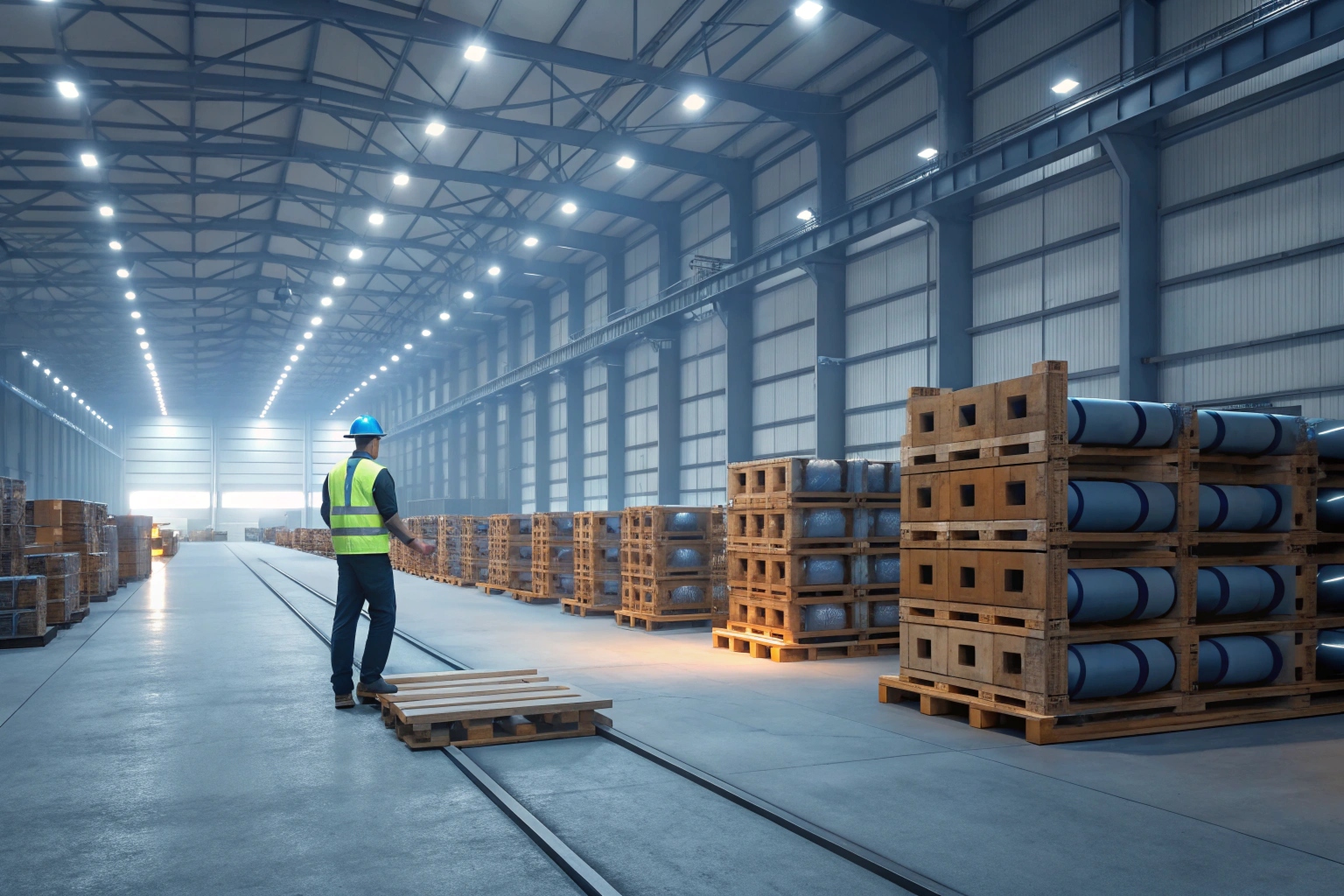 Excavator undercarriage parts in warehouse