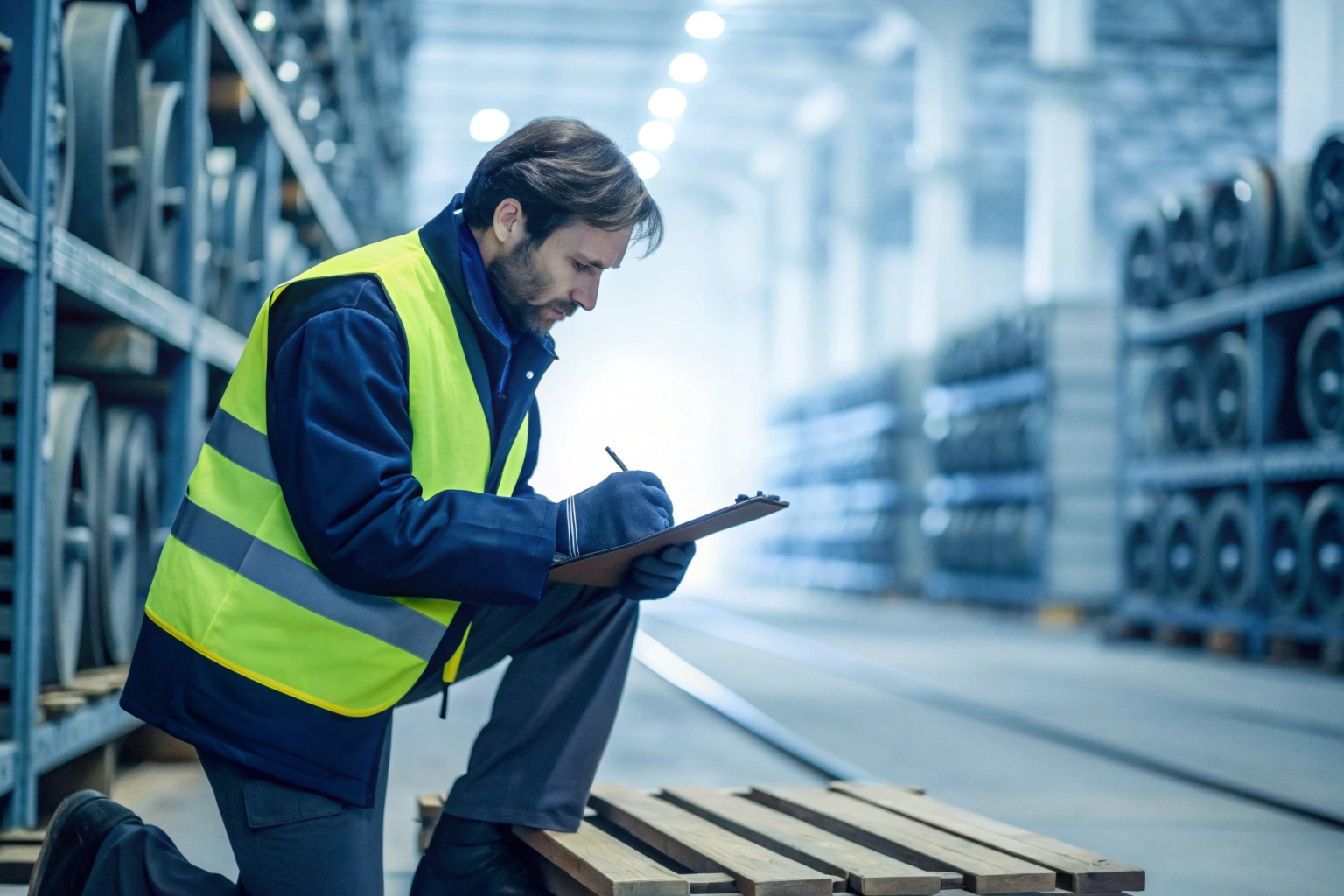 Grace inspecting undercarriage parts in the warehouse