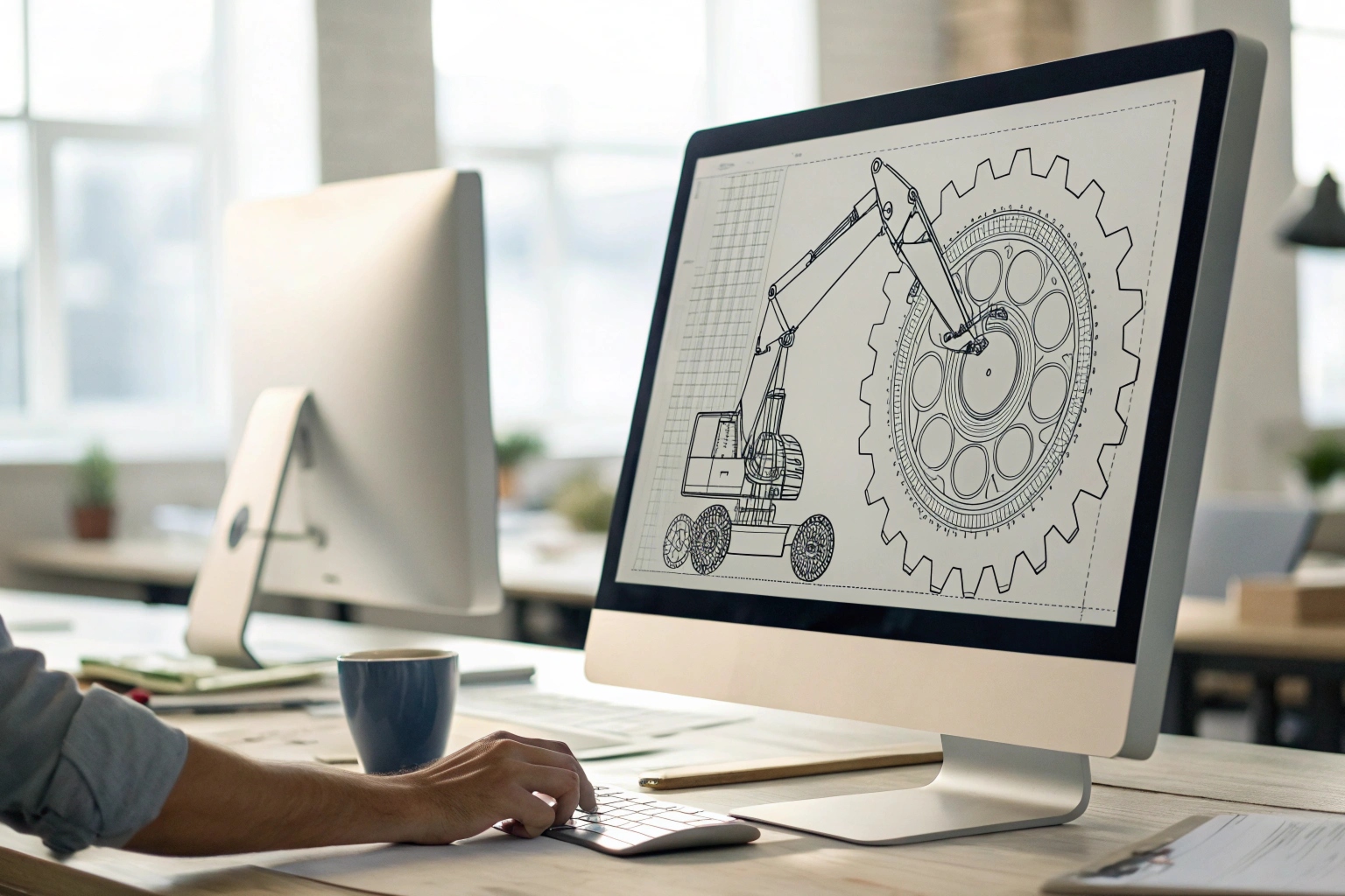 Computer screen showing CAD software with excavator part design
