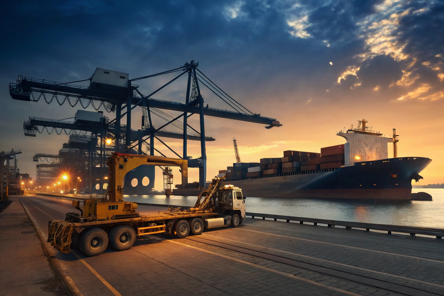 Container ship transporting excavator parts