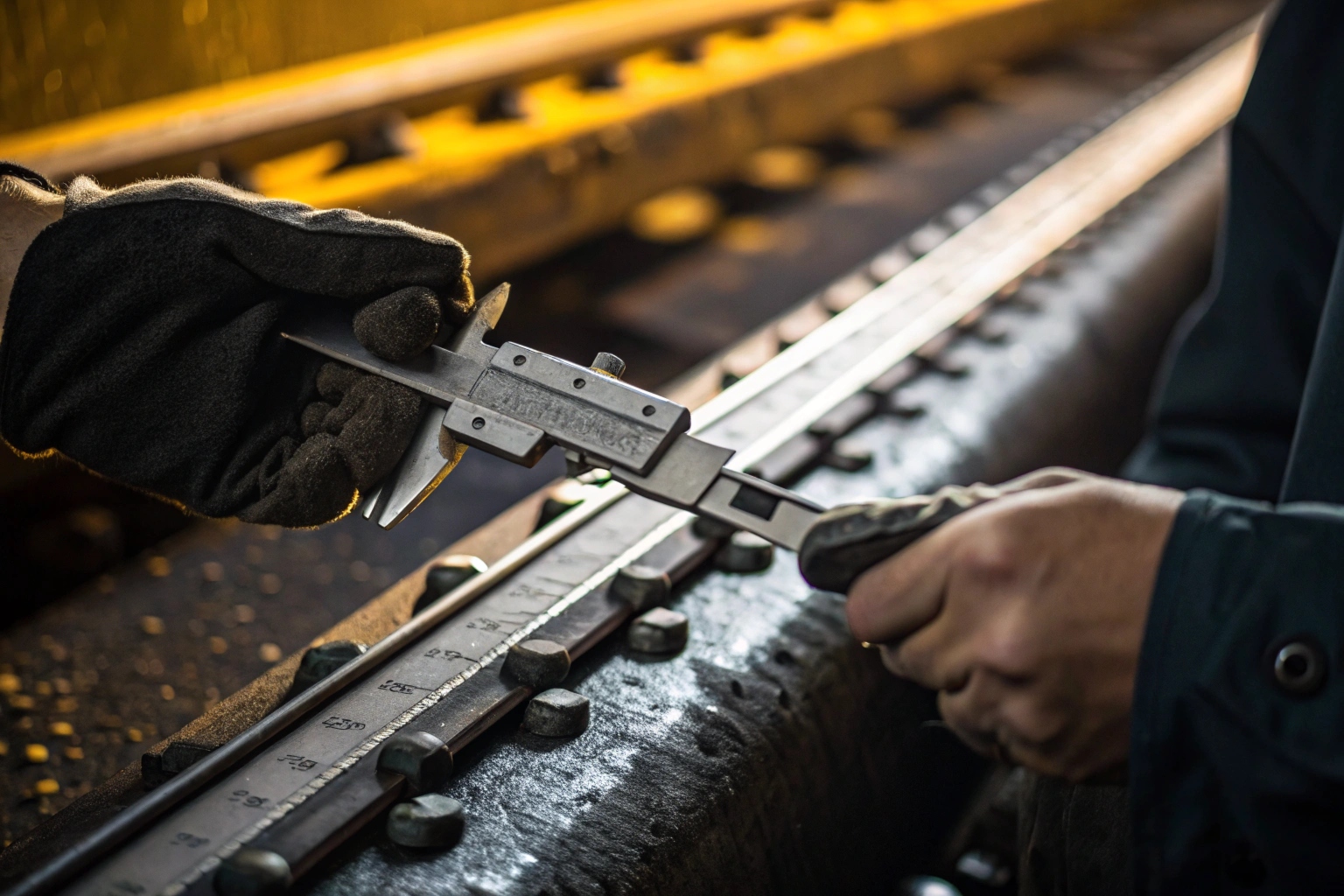 Technician measuring excavator track wear