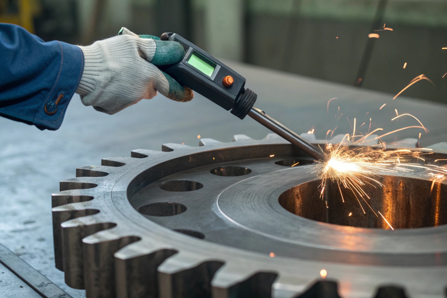 Inspector checking hardness of excavator sprocket