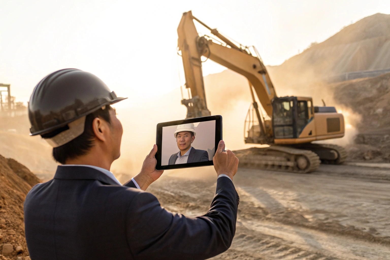 mechanic using video call for excavator repair