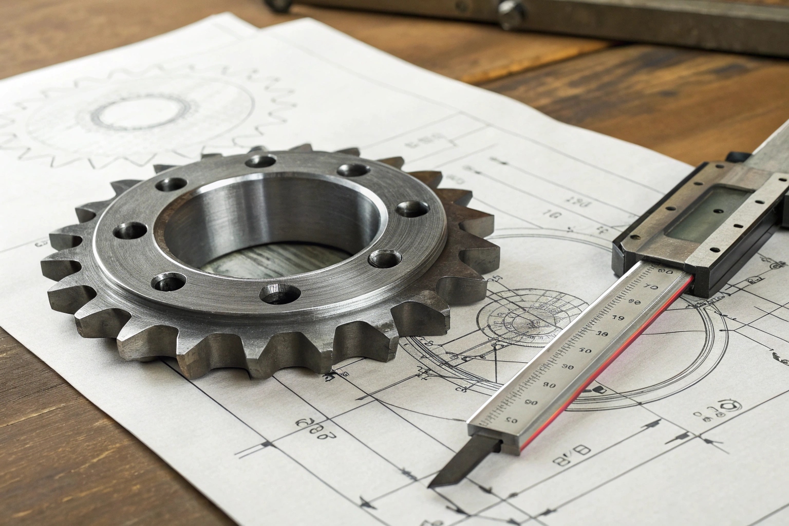 Technical drawing of an excavator sprocket