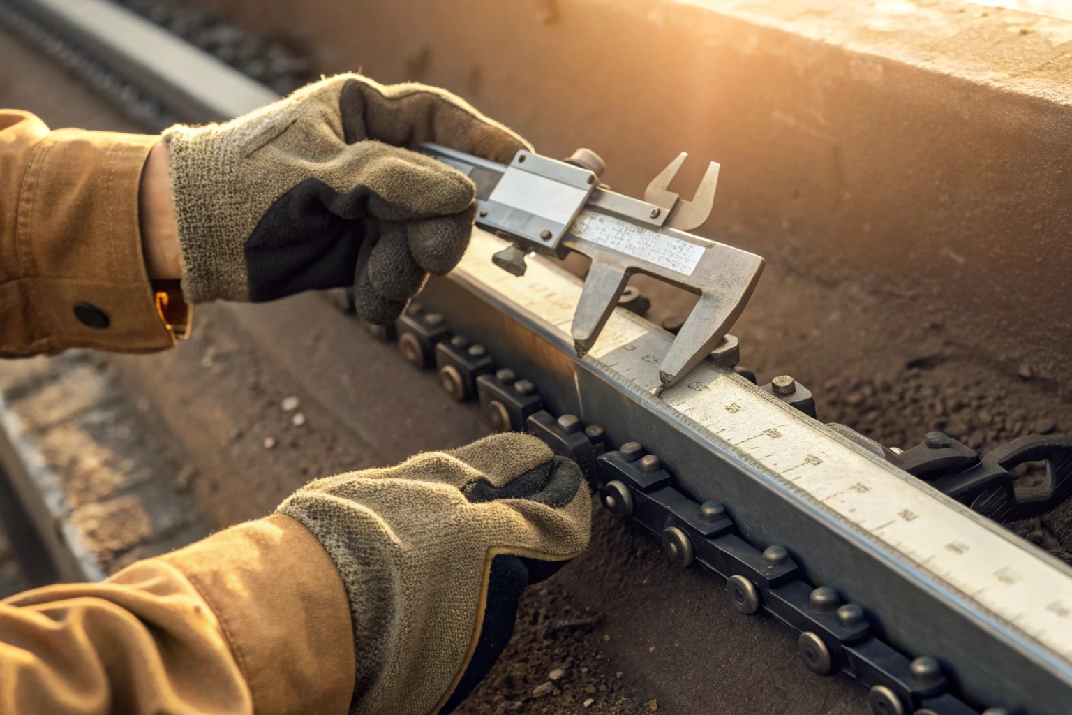 Technician measuring track chain pitch with caliper