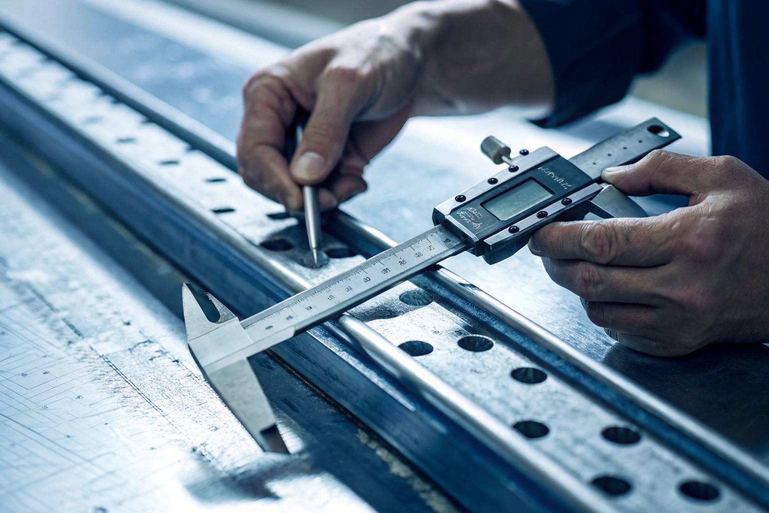 Inspector checking track roller dimensions with calipers