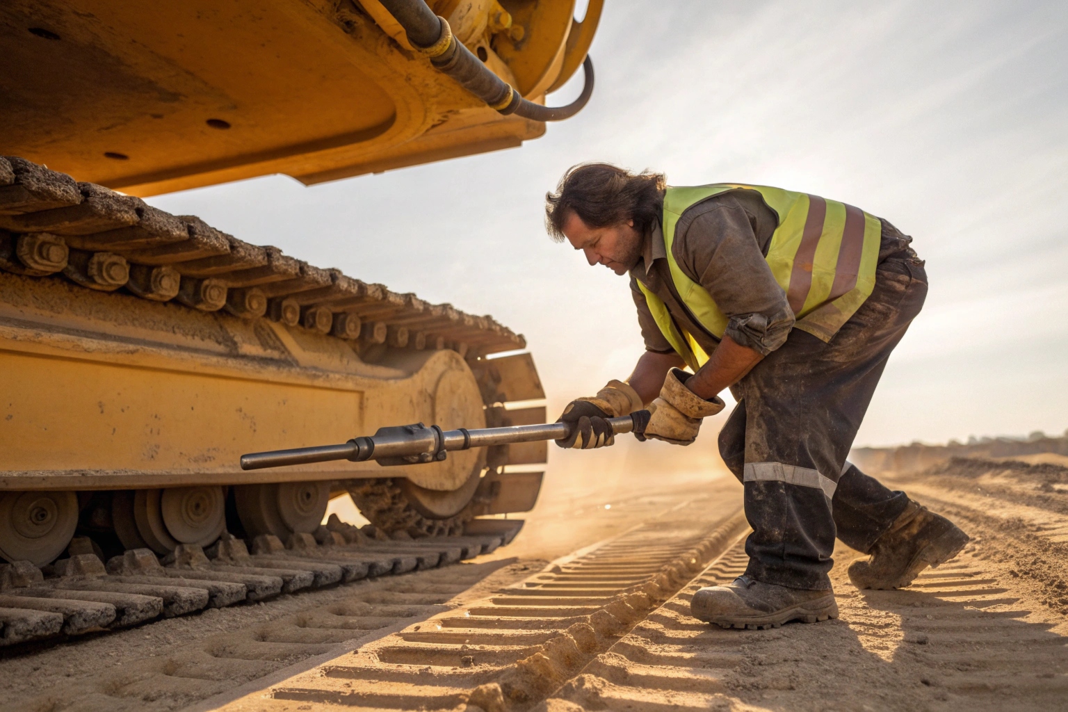 Mechanic using torque multiplier on track bolts