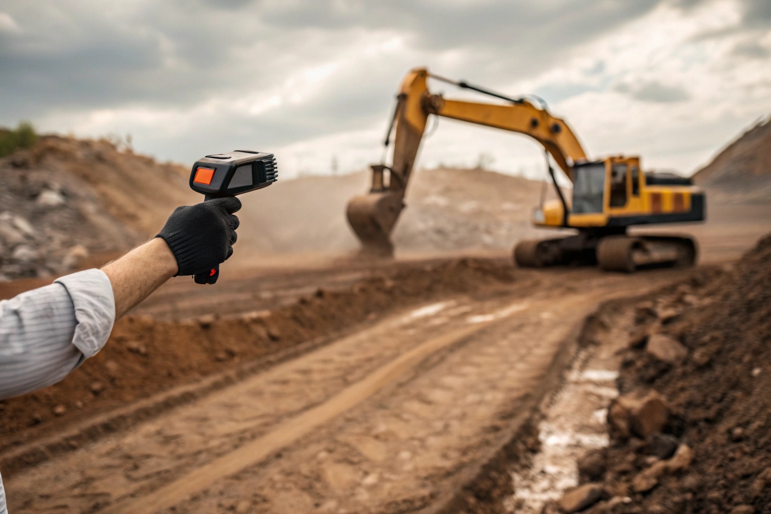 excavator conducting field test on rough terrain