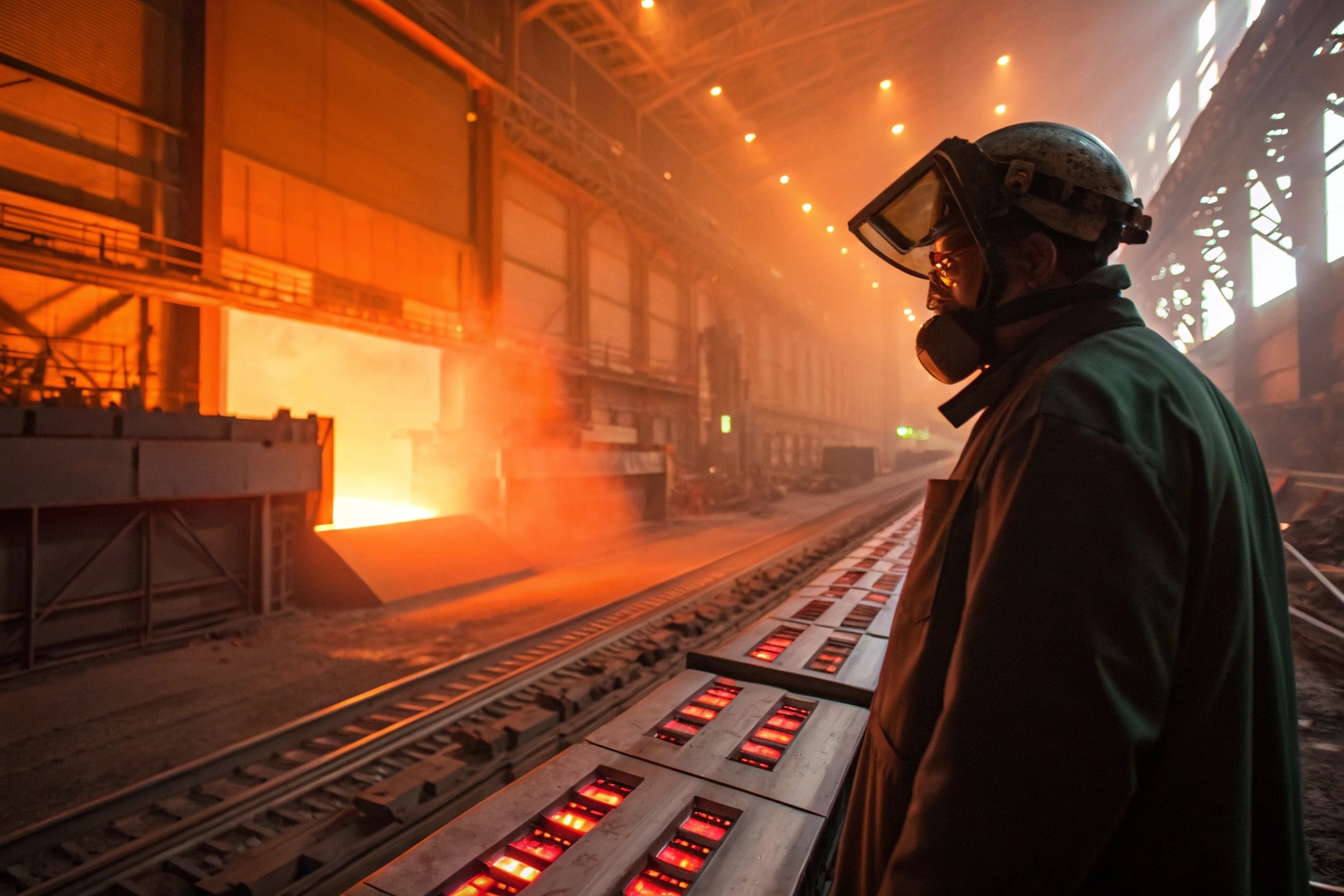 Worker checking heat treatment furnace with digital controls