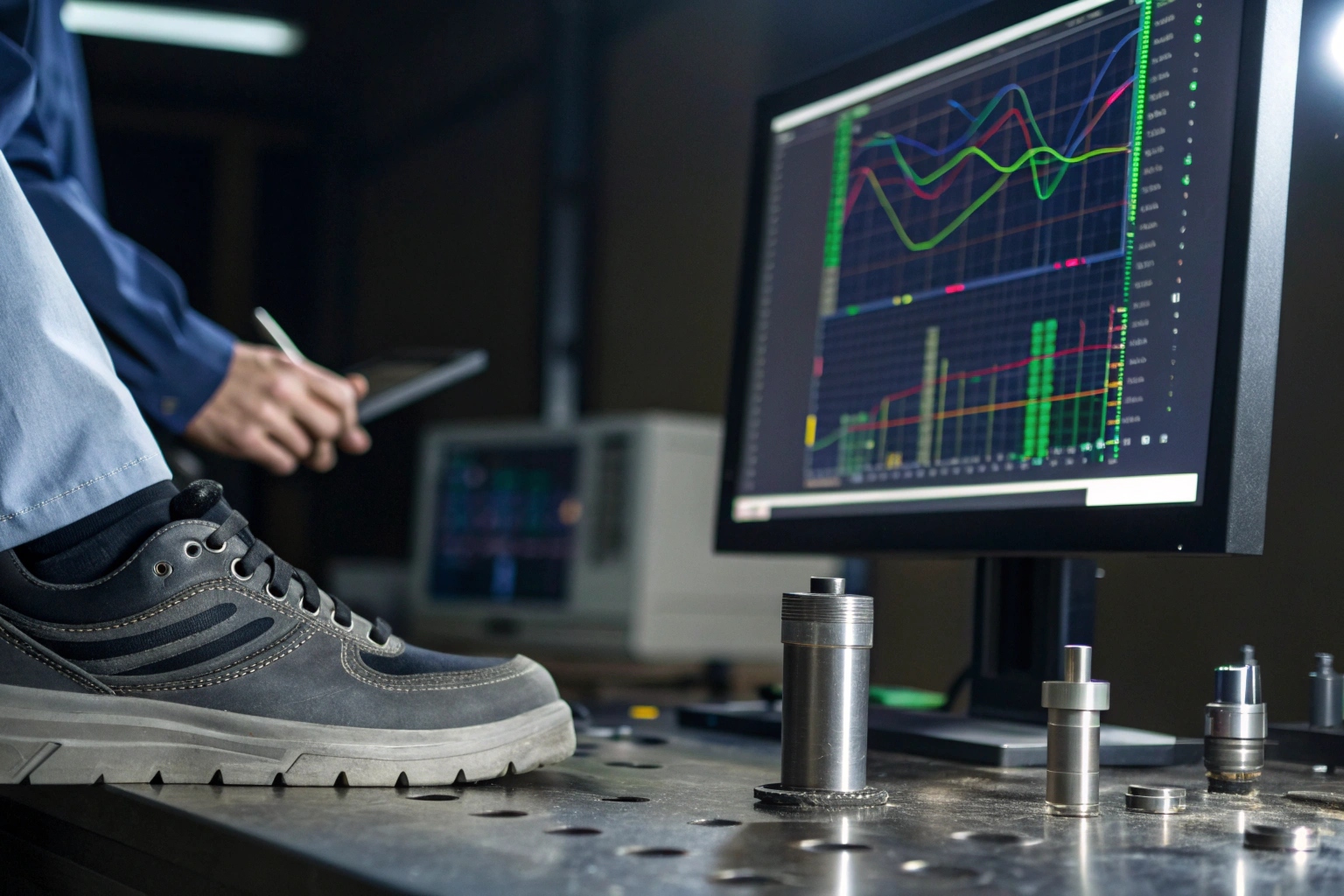 Computer screen showing raw data graphs from tensile testing