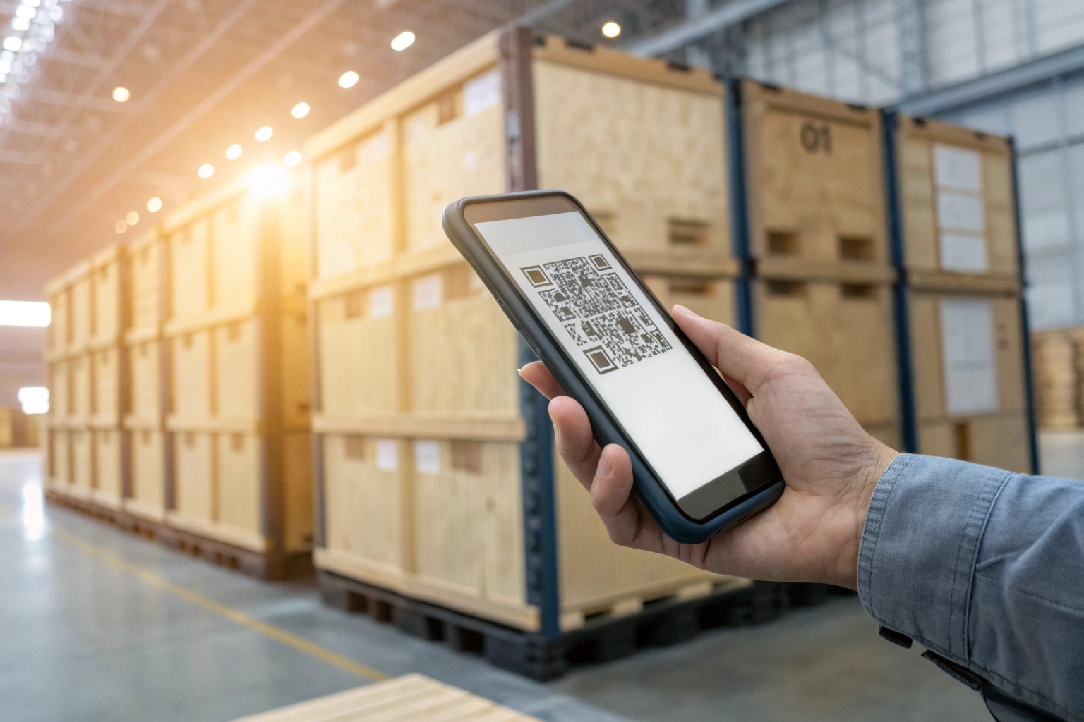 QR code scanning on a wooden crate