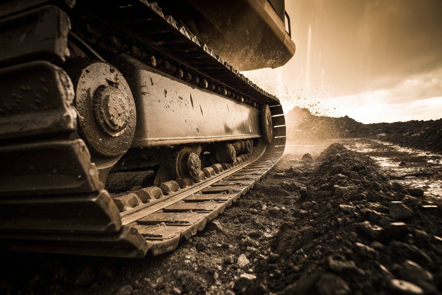 Excavator working in mining site with focus on tracks