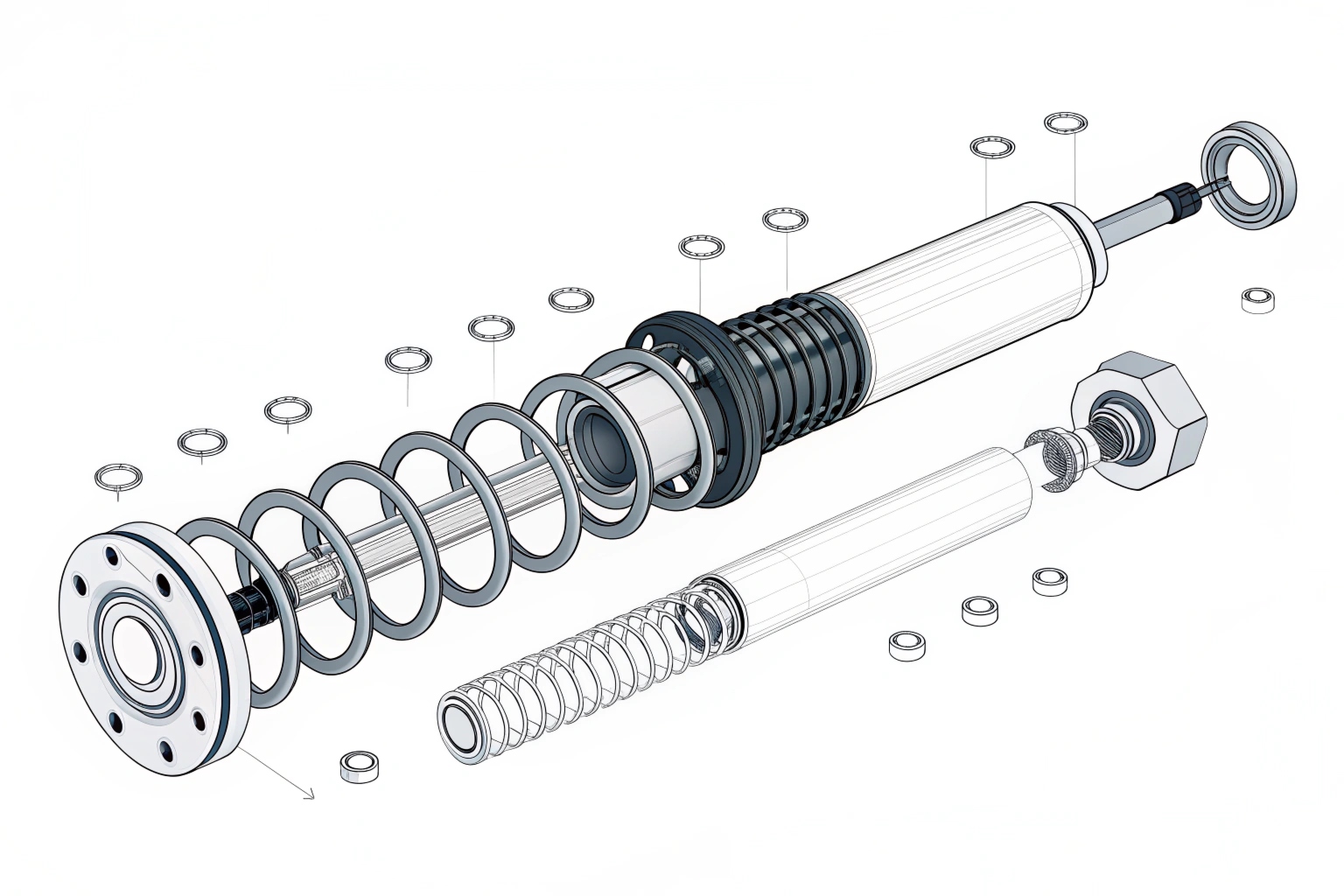 Exploded view diagram of excavator track adjuster assembly