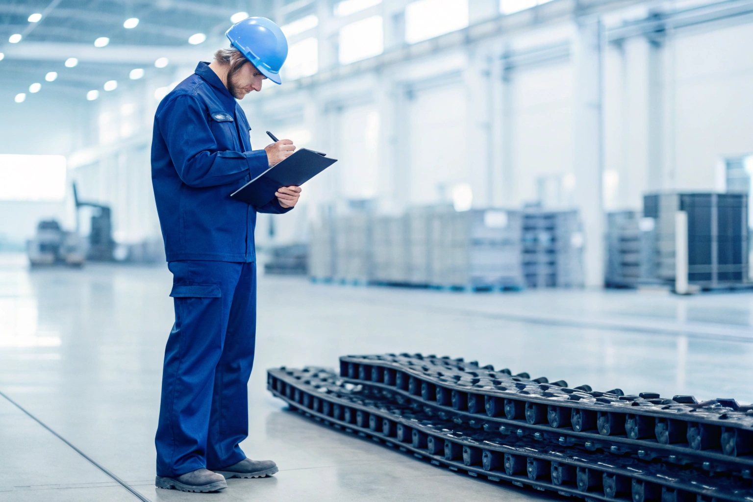 Quality control inspector checking track chain dimensions