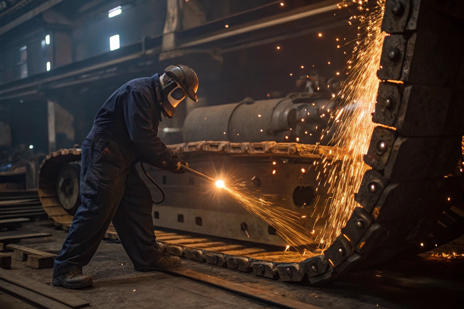 Mechanic repairing a track adjuster in a workshop