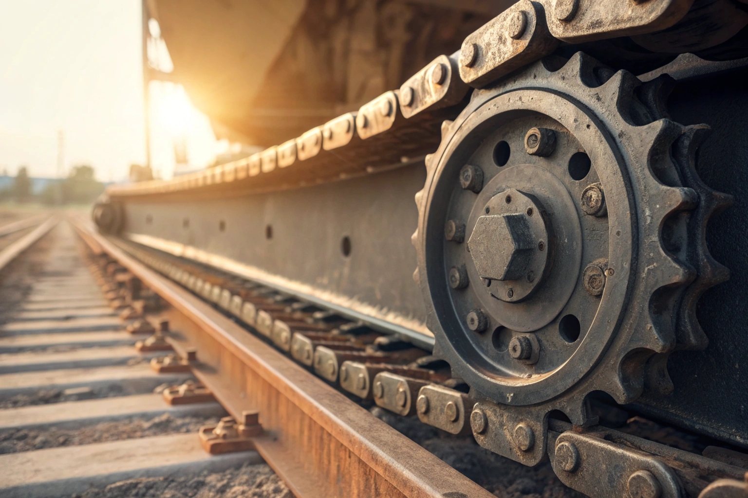 Close up of track chain engaging with sprocket teeth