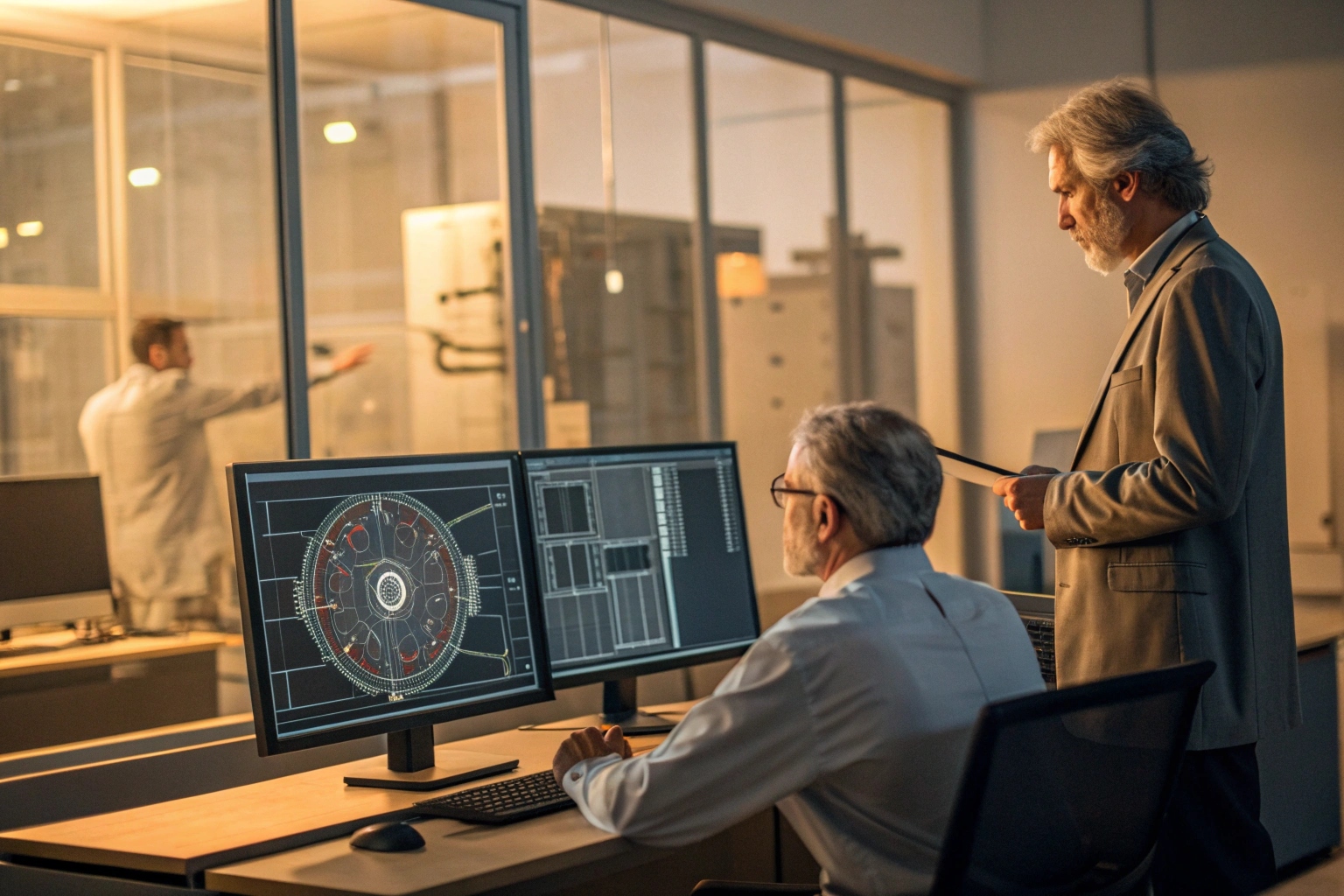 engineer reviewing cad drawings for excavator parts