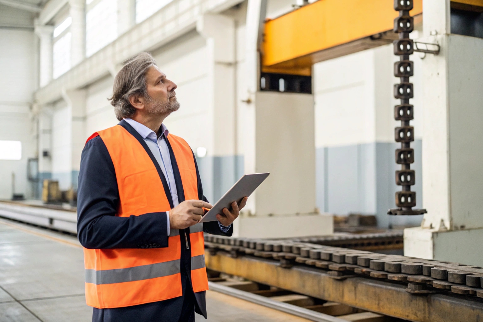 Third party inspector verifying excavator parts in factory