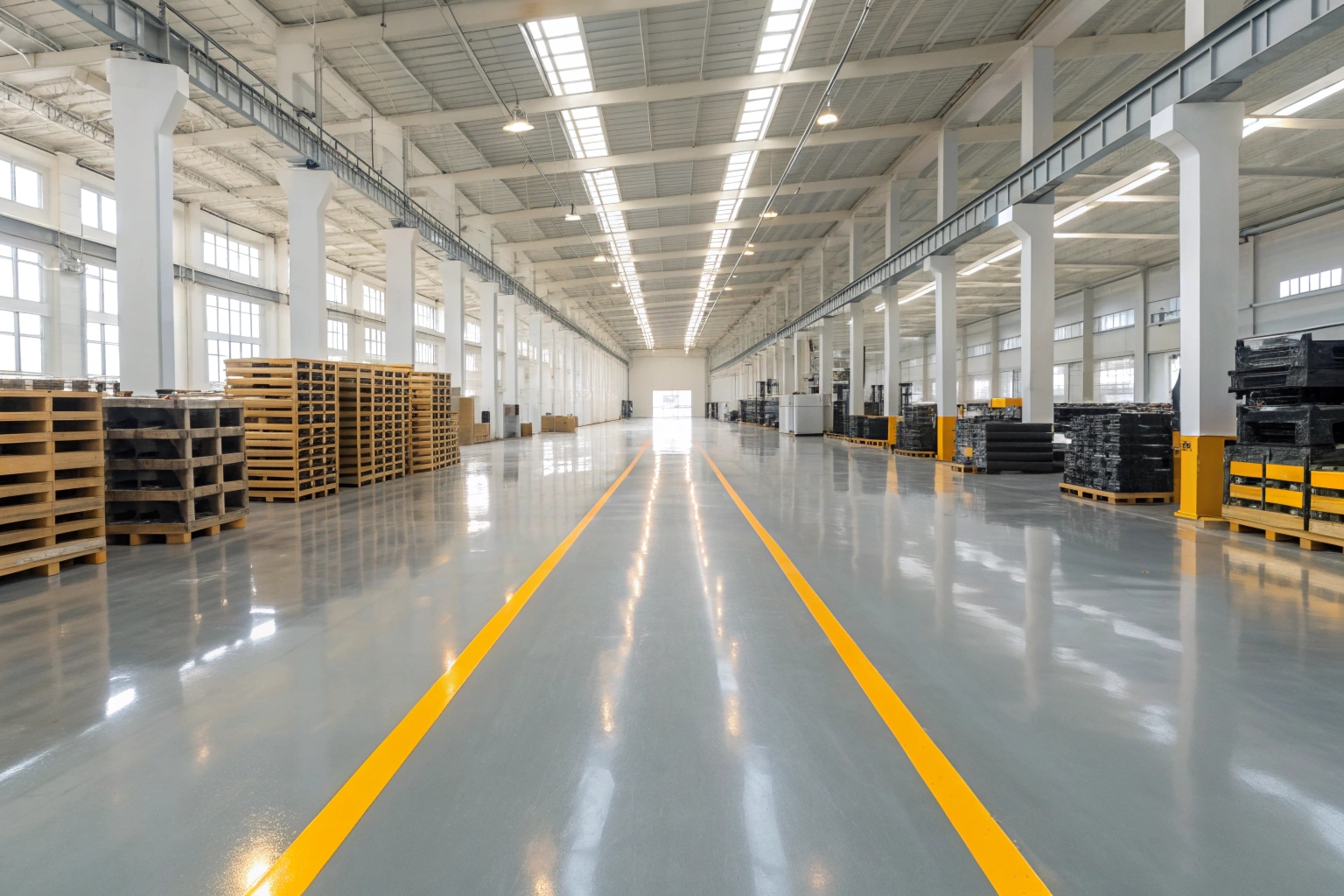 Wide shot of a clean factory floor with yellow safety lines