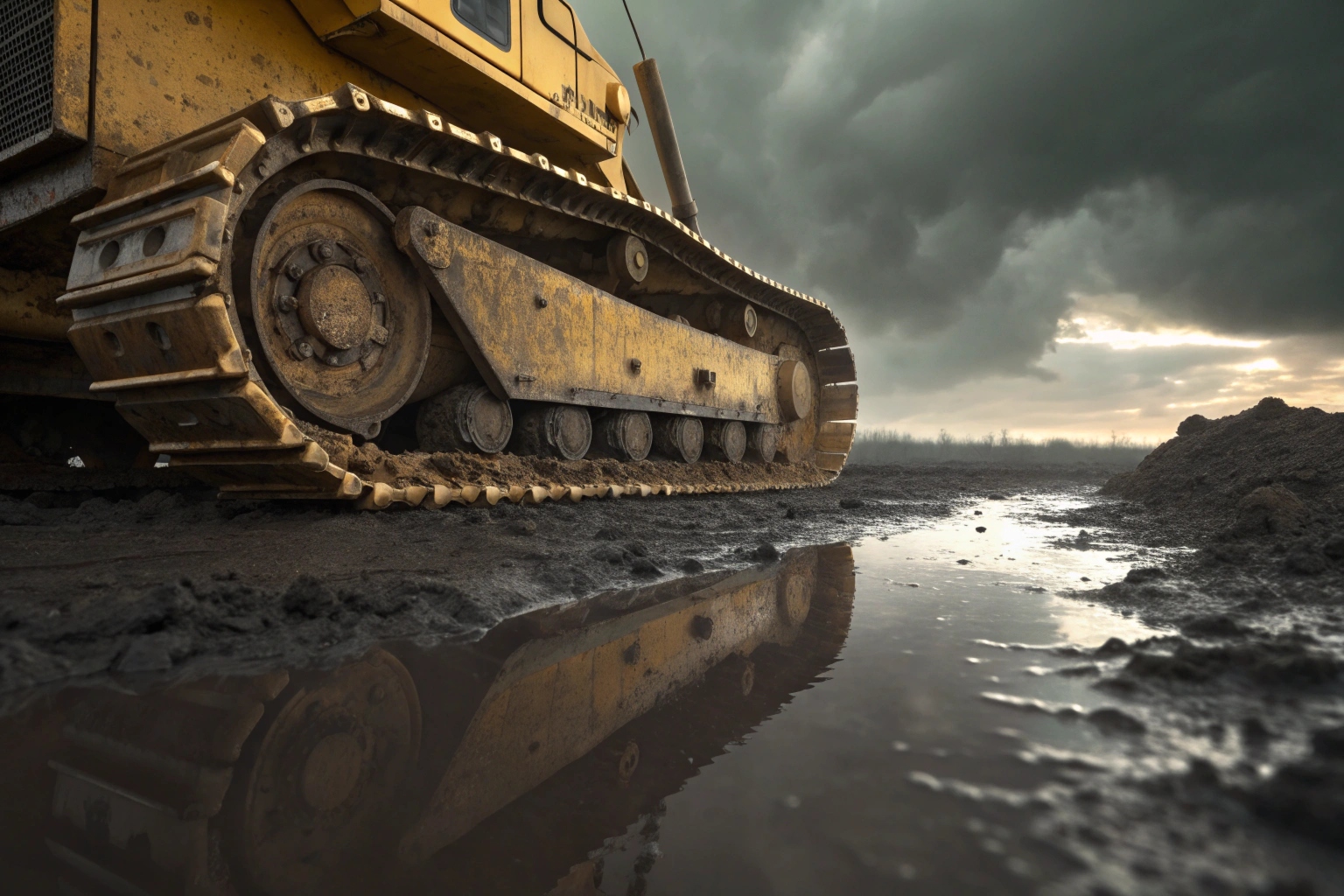 Excavator undercarriage parts in muddy conditions